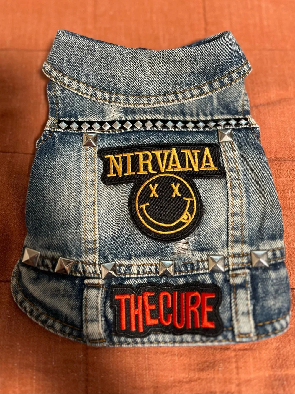 NIRVANA, THE CURE Dog Patch Denim Vest in Blue with Yellow & Red Accents
